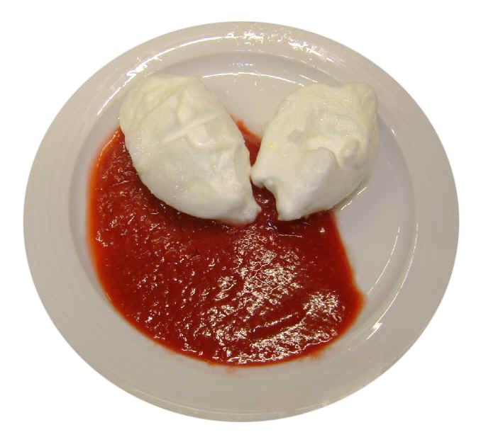 Schneenockerl auf Rhabarberdessert Schneenockerl auf Rhabarberdessert
